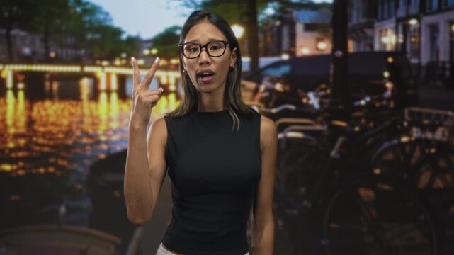 Thai woman pointing index finger with glasses by illuminated canal lights on a street at night; instructional confidence.