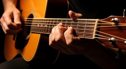 Fototapeta premium A close-up of a guitarist's hands on the fretboard of an acoustic guitar, studio light, black background, 4k.