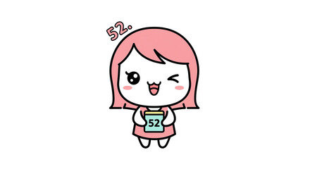 Adorable pink-haired kawaii cartoon girl winking, proudly holding a "52" object, cheerful vector character illustration.
