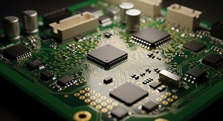 Obraz premium A close-up of a circuit board, green PCB, gold traces, studio light, dark background, 4k.