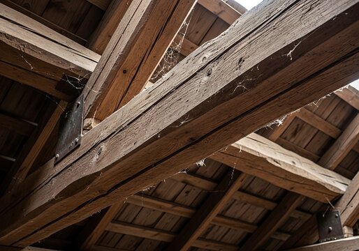 Weathered wooden beams and rafters in an old barn or attic