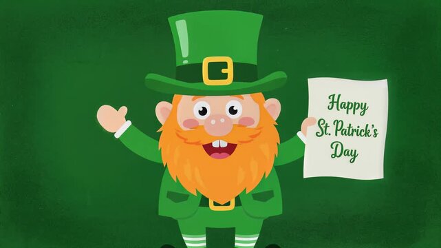 Happy St. Patrick's Day leprechaun cartoon character with red beard and green hat.