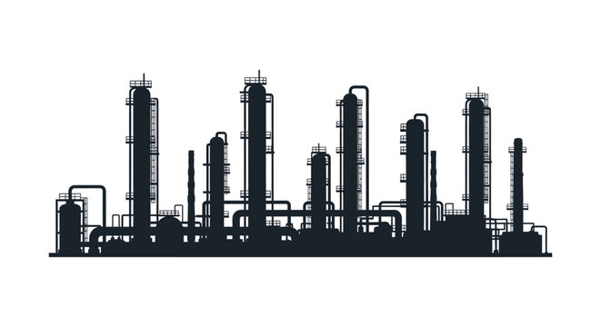 A stark black silhouette of an industrial refinery complex against a white background silhouette high quality professional detailed