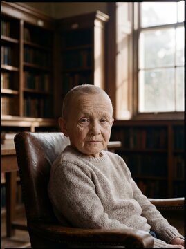 Progeria: Professional photography, a child with aged features sitting in a library, dignified portrait, soft lighting, sharp focus on skin texture, poignant atmosphere.