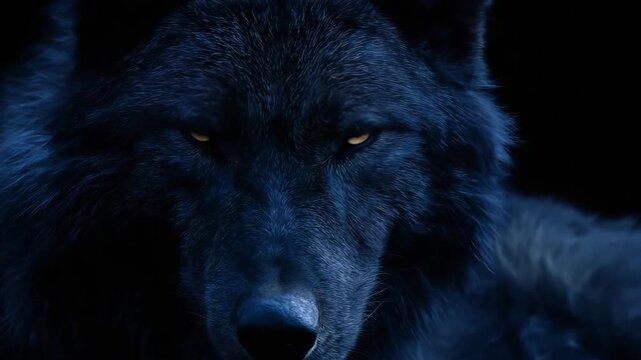 Closeup of a black wolf with yellow eyes looking forward on a dark background