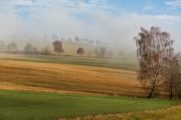 Fototapeta premium A serene rural scene unfolds with gentle fog blanketing the distant hills and trees, creating a tranquil atmosphere. Germany. Bavaria