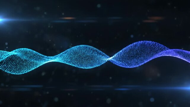 Digital particle wave blue and teal forming intertwined sine curves across dark background with light flare and bokeh. abstract digital wave of glowing blue and cyan particles forming flowing sine