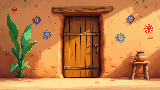 Cartoon Background Charming rustic wooden door set in an adobe wall, decorated with vibrant floral motifs and surrounded by greenery.