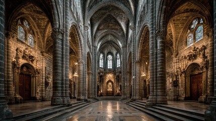 Interior view of a grand Gothic cathedral with soaring arches and stained glass windows