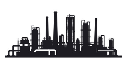 A stark black silhouette depicts a complex industrial cityscape of oil refineries and smokestacks silhouette high quality professional