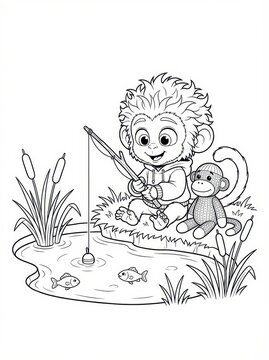 Whimsical monster character fishing by a pond with his sock monkey toy. Kids coloring book page, printable activity sheet, black and white line art illustration.