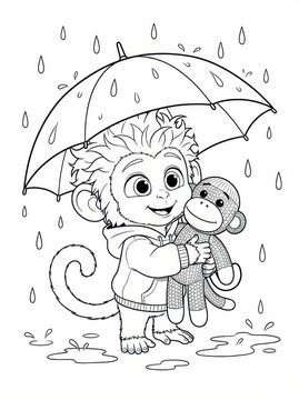 Cute Monkey Coloring Page for Kids. Adorable baby animal with sock monkey toy stands under an umbrella in the rain. Children's rainy day activity printable line art.