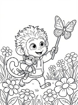 Cute Monkey Coloring Page for Kids with Sock Monkey Toy and Butterfly. Whimsical Cartoon Animal Illustration for Children's Activity Book or Printable.