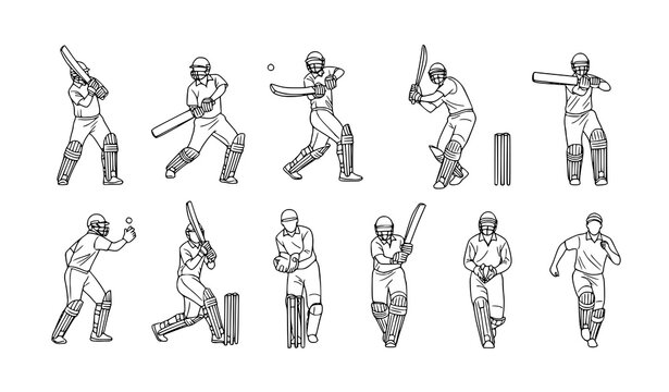 Cricket player line art illustration set action poses sketch style cricketer doodle vector isolated on white background