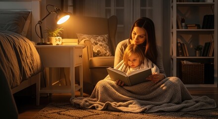 Fototapeta premium Woman reading a book to her baby in a cozy bedroom at night
