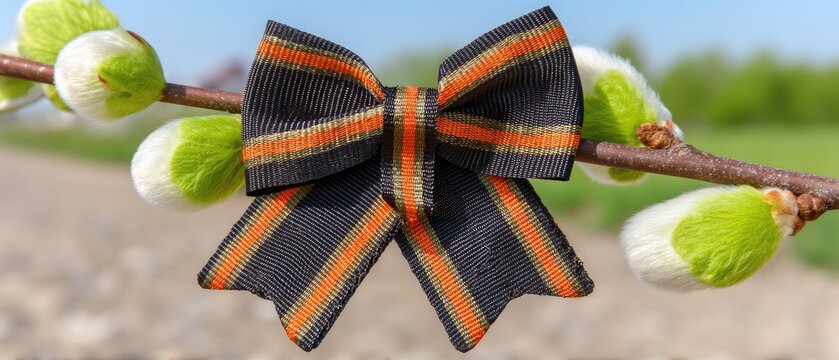 Spring nature background with a stepfather's ribbon on a branch under blue sky, symbolizing victory in World War II and space for text