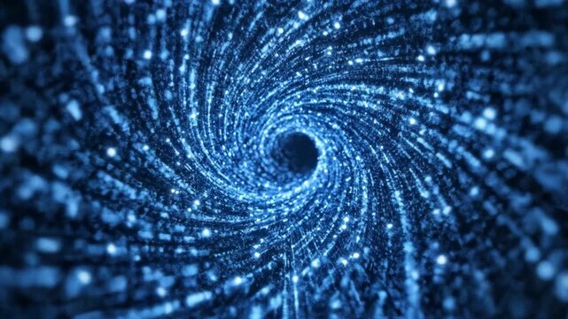 Swirling blue particle vortex tunnel of light and abstract motion forming deep spiral void with luminous radial streaks glowing dots and dynamic depth futuristic particle swirl energy visualization