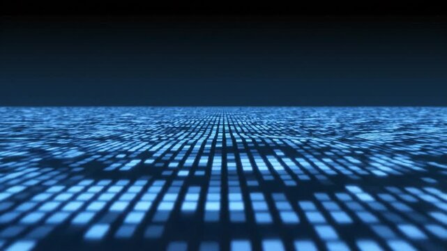Glowing blue grid digital floor abstract technology pattern illuminated square futuristic surface data visualization receding horizon rectangular light panels atmospheric depth illuminated tiles