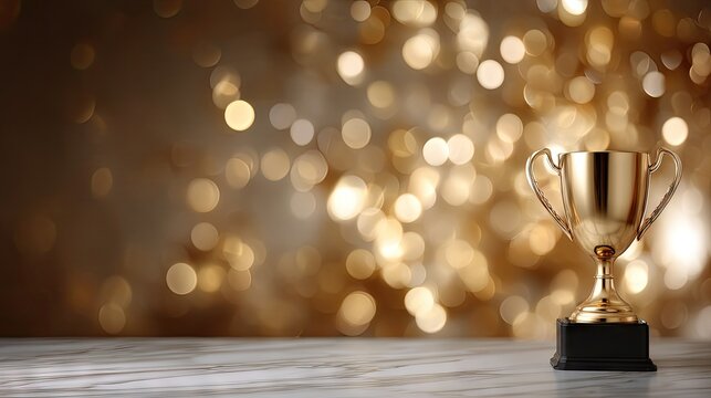 Golden trophy cup on a blurred background symbolizing first place in a business competition and success for contest winners