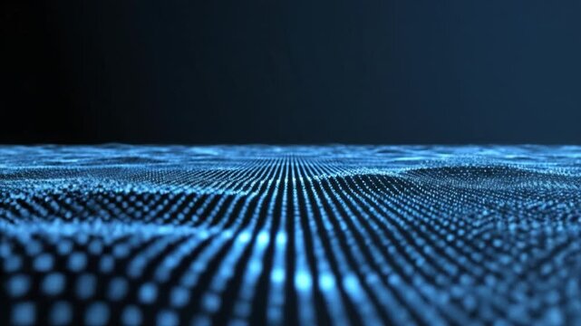 Blue digital particle landscape forming wave pattern with glowing grid and depth perspective futuristic data visualization and abstract technology atmosphere glowing blue data field digital grid