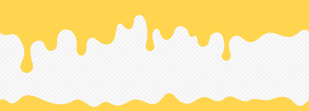 Horizontal yellow dripping frame with melting liquid effect. Top and bottom border for honey, oil, or cheese. Vector melting drops borders.