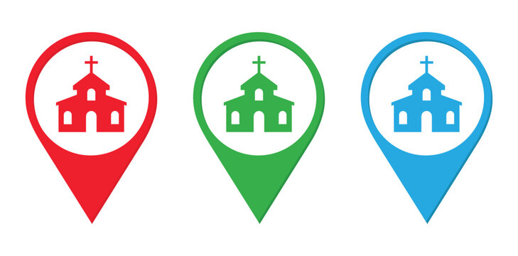 Church Location Map Pin Icons in Red, Green and Blue &ndash; Religious Building Marker Symbols Isolated on White Background