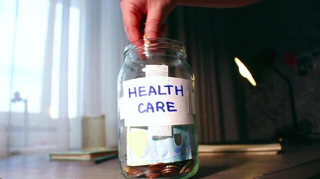 Health goal savings in labeled jar. Person contributing to Healthcare fund jar, representing wellness investment and proactive approach to medical expenses