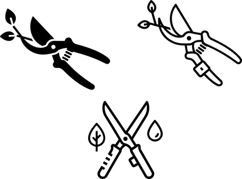 Gardening Pruning Shears Vector Icons Set: Essential Tools for Horticulture, Plant Care & Home Garden Maintenance - Perfect for Web, Print & UI Design