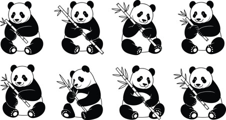 Eight black and white panda holding bamboo stalks in various positions © Frd Art