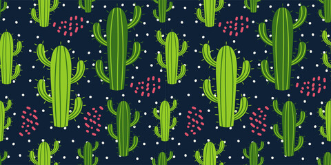 Cute Cactus Seamless Pattern with Desert Flowers on Dark Background
