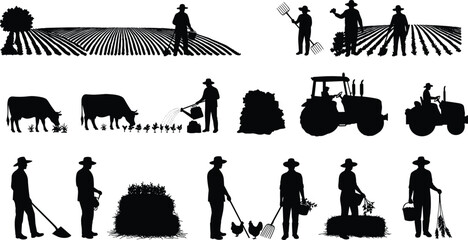 Farming silhouettes with farmers working fields, tractors, cattle, chickens, crops, hay bales, and agricultural tools in black vector style © CreativeStorage