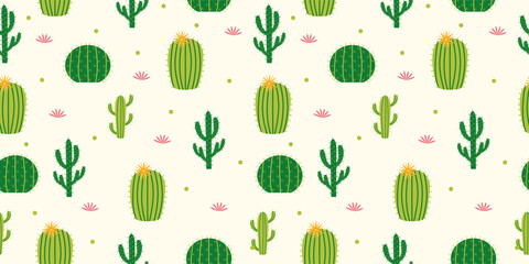 Cute Cactus Seamless Pattern with Desert Flowers on Neutral Background