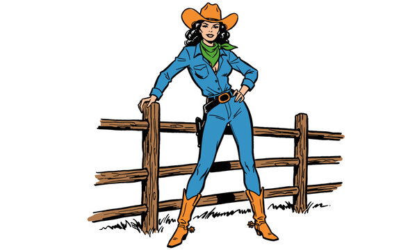 Confident retro cowgirl comic book heroine. Strong woman wearing Western denim attire. Pop Art vector illustration. Ranch lifestyle character design.