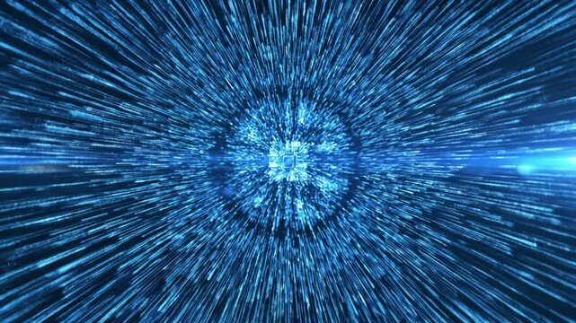 Blue digital particle burst converging to glowing core with radial motion and futuristic energy feeling blue digital particle burst with radial motion blur forming glowing sphere, futuristic abstract