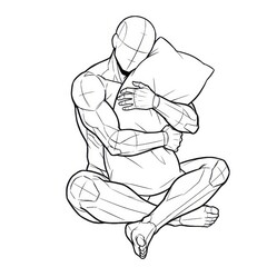 Ink sketch of man sitting and hugging an invisible pillow isolated.