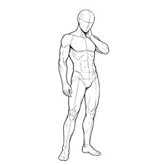 Ink sketch of man softly touching his own neck isolated on white.