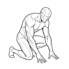 Ink sketch of man kneeling in despair isolated on white background.