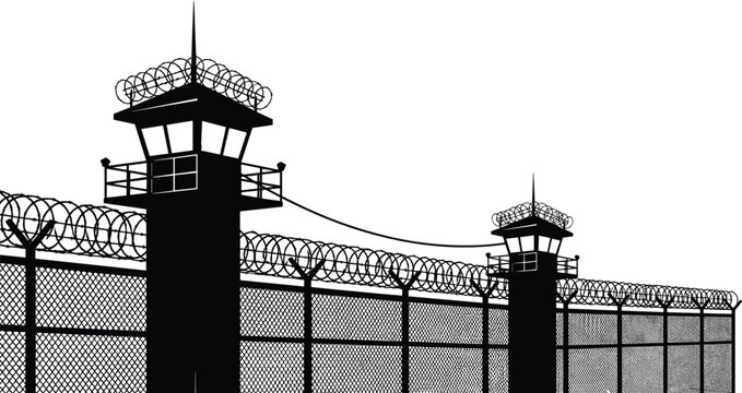 Black silhouette of a high security prison fence with watchtowers and coiled razor wire against a white background for justice and incarceration concepts.