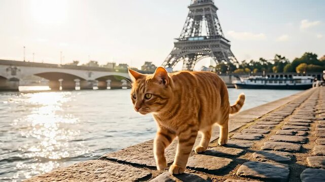 Majestic cat strolling by the eiffel tower at sunset along riverside cobbled path