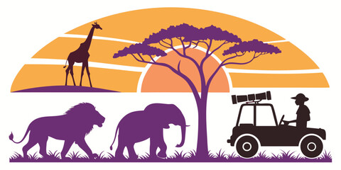 A family of elephants and giraffes roaming the savannah with a safari vehicle nearby Vector © rabi