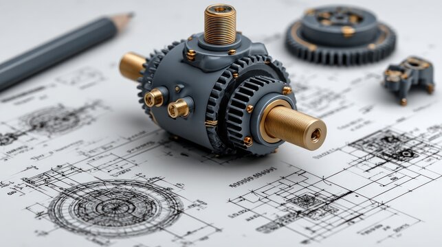 precision engineering gears and blueprints with a pencil symbolizing design and innovation