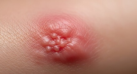 Fototapeta premium Detailed view of shingles blisters (herpes zoster) on a patient. Reddened skin with pustules and painful skin eruption. Ide.