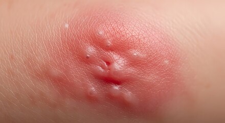 Fototapeta premium Close-up of shingles or herpes zoster symptoms on human skin. Cluster of painful, fluid-filled blisters and red rash. Conce.