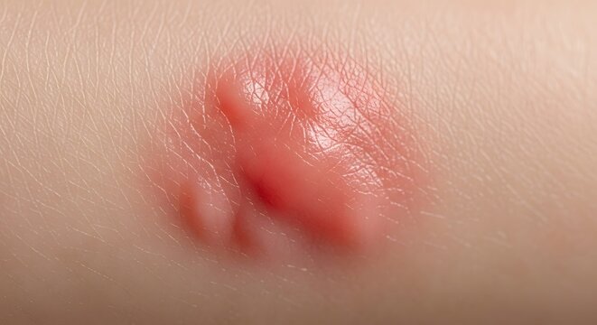 Infectious skin rash showing symptoms of shingles or chickenpox. Red inflamed area with clear fluid blisters on skin. Medic.