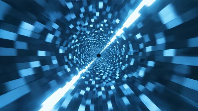 Blue digital tunnel of glowing pixel blocks and light streaks converging toward distant vanishing point with rotating rectangular patterns and glowing light beams creating dynamic motion blur