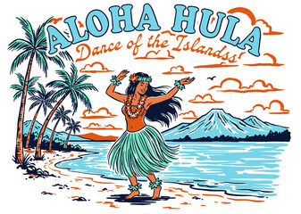 Hawaii Hula dance illustration. Tropical island travel poster. Vintage beach scene graphic. Palm trees, ocean, mountain backdrop. Aloha culture art. © Babski