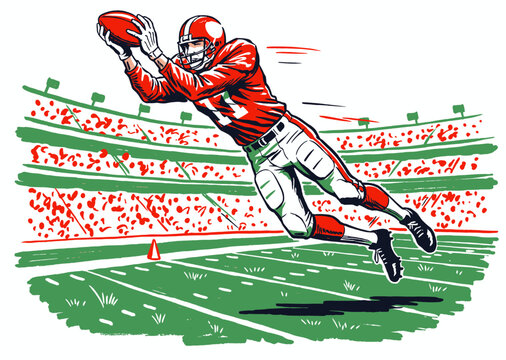 Dynamic American football player illustration. Athlete making incredible catch. Action-packed game vector art. Vintage sports graphic.
