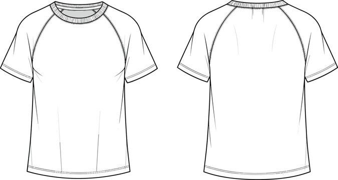 Blank raglan short sleeve t shirt technical fashion flat sketch vector illustration template front and back view for clothing apparel