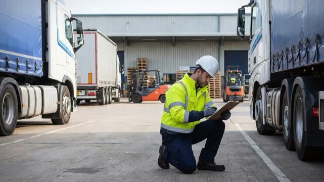 Logistics professional, clad in safety vest hard hat, scrutinizes shipping documents near parked trucks at vibrant transportation hub, ensuring warehouse operations meet stringent industry standards