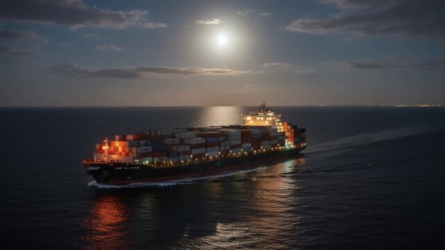 Majestic container ship sails serenely through calm waters illuminated by moonlight, with bright navigation lights cutting through darkness, facilitating safe cargo transportation under the night sky